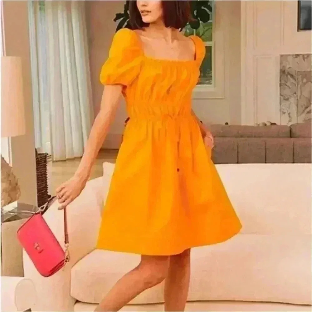 Bright Orange Puff-Sleeve Midi Dress - Women's Summer Style